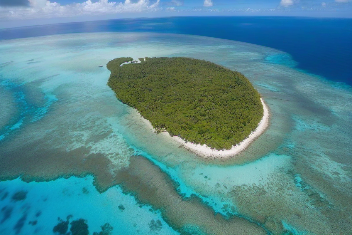 Aerial view of Nauru Island with turquoise Pacific waters and palm trees